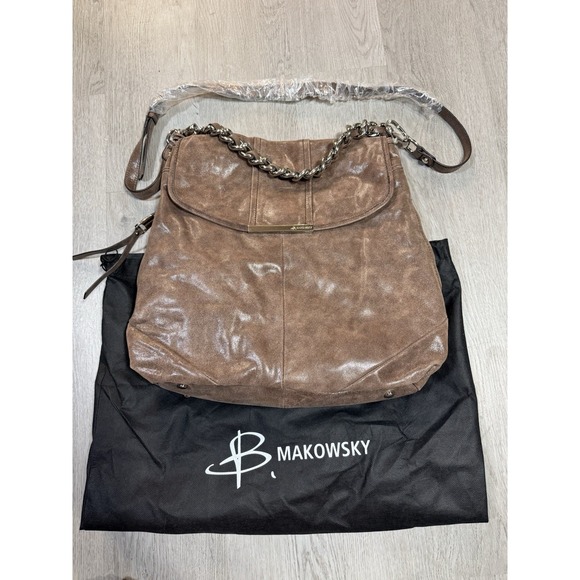 b. makowsky Handbags - B Makowsky Leather Shoulder Bag Brown Distressed Large Hobo Leopard Lining